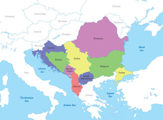 map of Southeast Europe with borders of the countries.