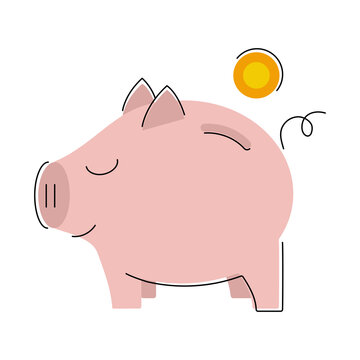 Piggy bank and Money. A Coin falls into the Money box. Preserve personal finances. Economy theme. Color image. Contour outlines. Vector illustration.