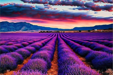 Naklejka na ściany i meble Lavender fields landscape created with Generative AI 