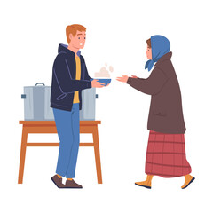 Fototapeta premium Volunteer giving food to homeless people. Humanitarian aid help organisation helping refugees and migrants vector illustration