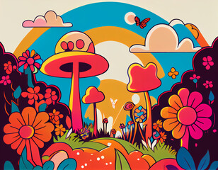 Cartoon psychedelic landscape with mushrooms and flowers