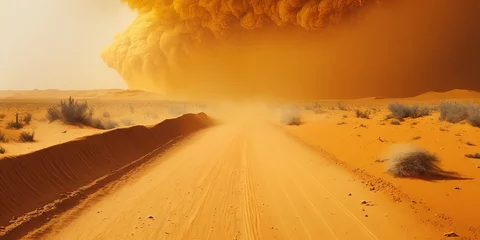 Poster 4K desktop backdrop image of an African desert. dirt road with a sandstorm with yellow and orange dust Region of Somalia, Ethiopia, and Africa. Generative AI © 2rogan