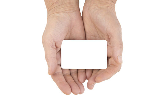 blank card in hands of senior woman close up isolated on white background.