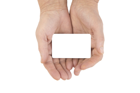 blank card in hands of senior woman close up isolated on white background.