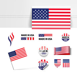 Set of flags, ribbons, signs with the USA flag. Vector illustration isolated on white background. Ready to use for your design, presentation, promo, ad. EPS10.