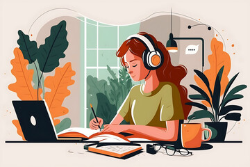Flat vector illustration Busy young female student wearing headphones using laptop e-learning, writing notes, studying online education seminar via webinar, studying online seminar at home...   - Powered by Adobe