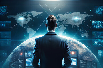 Metaverse digital cyber world technology concept businessman success working with his team as concept with virtual digital dashboard interface - Generative AI