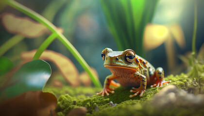 Tiny tree frog sitting on a patch of moss generative ai
