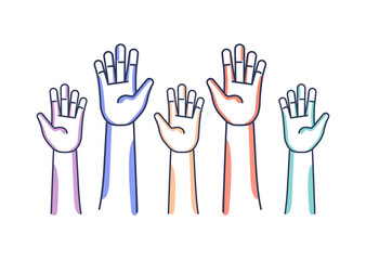 Volunteers and charity work. Raised helping hands. Vector icon background banner illustrations with a crowd of people ready and available to help and contribute. Positive foundation, business