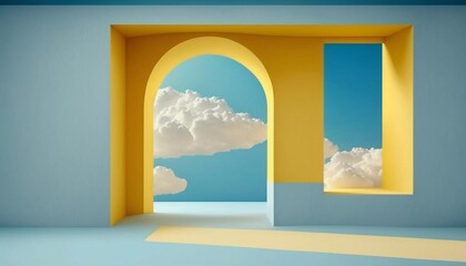 Hyper realistic setting of blue and yellow background, with arch door and floating clouds.