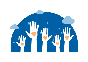 Volunteers and charity work. Raised helping hands. Vector icon background banner illustrations with a crowd of people ready and available to help and contribute. Positive foundation, business