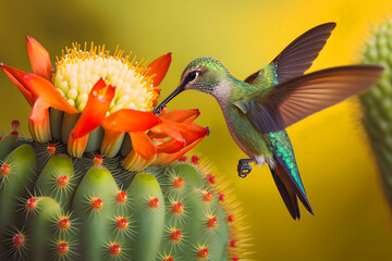 Hummingbird bird hangs in the air above a cactus flower, drinks nectar, pollinates. Generative AI