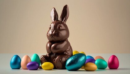 Chocolate bunny sits among colorful easter eggs