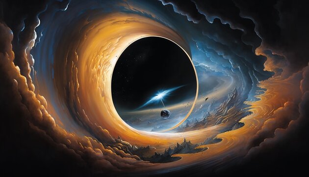  a spaceship is approaching a black hole in space, game scenes design.