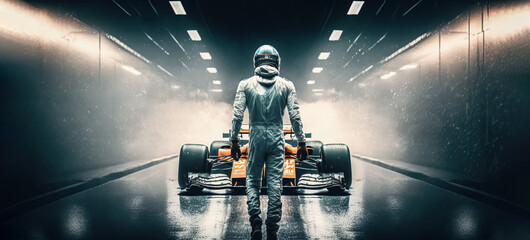 formula one racing driver before start of competition on track. Banner with copy space, digital i art - obrazy, fototapety, plakaty
