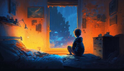 A lonely boy is sitting in his bed is watching out from a window at night and waiting, illustration.