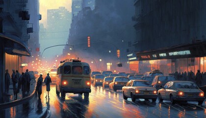 Urban street after rain illustration.
