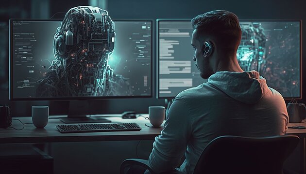 a man is communicating with a robot in a monitor