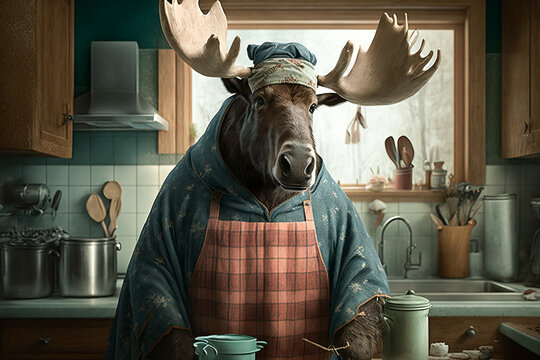 Bull moose in the kitchen wearing an apron and a chef hat cooking up a storm in an old style cabin kitchen,  Image created with generative ai.