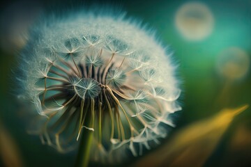 Dandelion in close up against a background of nature. Nature's bright, delicate details. Inspirational nature concept, with a background of beautiful blue and green bokeh. Generative AI