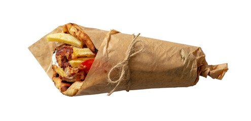Gyro pita, shawarma, Traditional greek turkish, meat food isolated on transparent background. PNG