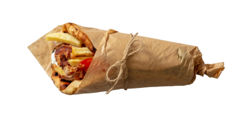 Gyro pita, shawarma, Traditional greek turkish, meat food isolated on transparent background. PNG