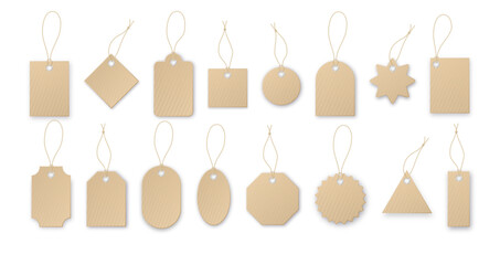 Realistic vector price tag. Cardboard label, paper sale tags mockup blank labels template shopping gift empty stickers with ropes tags vector