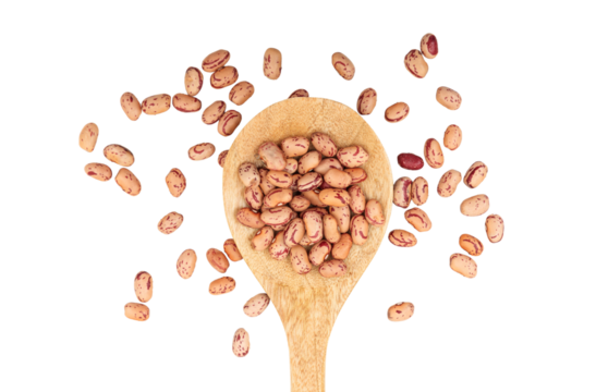 Raw pinto beans in a wooden spoon, isolated on transparent background. PNG. Healthy dried legumes	