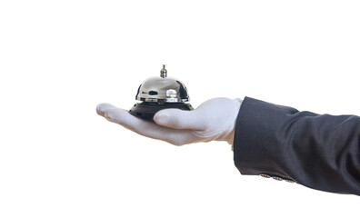 Hotel bell on gloved palm, isolated on transparent background. Concierge concept. PNG.  - obrazy, fototapety, plakaty