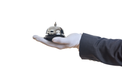 Hotel bell on gloved palm, isolated on transparent background. Concierge concept. PNG. 