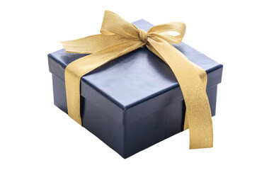 Blue gift box tied with gold ribbon bow isolated on transparent background. PNG