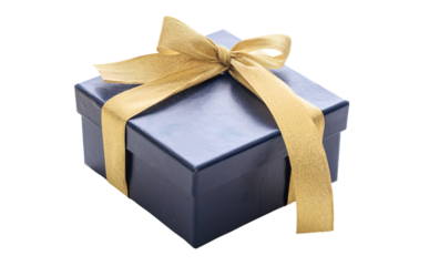 Blue gift box tied with gold ribbon bow isolated on transparent background. PNG