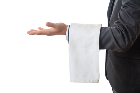 Waiter offering open empty palm, isolated on transparent background. PNG. Service tip concept
