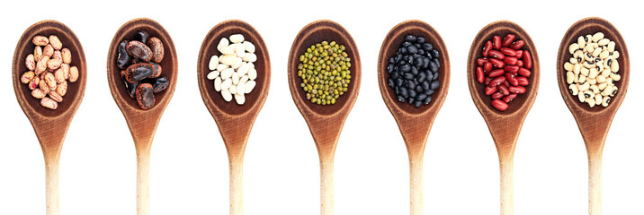 Fototapeta na wymiar Various kinds of raw beans in spoons isolated on transparent background. PNG. Healthy dried legumes 