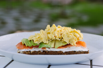 bread with salmon fish avocado and omlet - obrazy, fototapety, plakaty