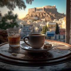 A cup of coffee on the wooden table of a street cafe in Athens,  generative ai