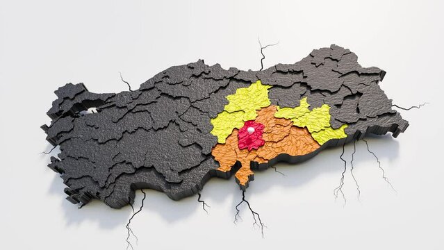 4k Map of earthquake video in south east region of Turkey. 3D illustration
