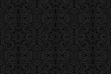 Embossed black background, cover design. Geometric abstract 3D pattern, press paper, leather. Ornaments of the East, Asia, India, Mexico, Aztecs, Peru. Ethnic boho motifs.