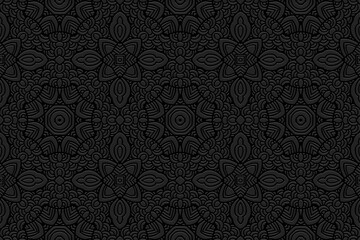 Embossed black background, cover design. Geometric decorative 3D pattern, press paper, leather. Ornaments of the East, Asia, India, Mexico, Aztecs, Peru. Ethnic boho motifs.