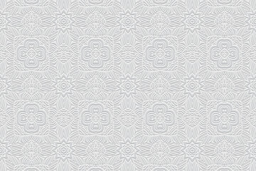 Embossed white background, cover design. Geometric vintage 3D pattern, press paper, leather. Ornaments of the East, Asia, India, Mexico, Aztecs, Peru. Ethnic boho motifs.