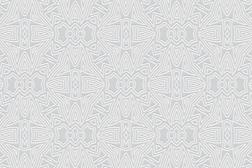 Embossed white background, cover design. Geometric elegant 3D pattern, press paper, leather. Ornaments of the East, Asia, India, Mexico, Aztecs, Peru. Ethnic boho motifs.