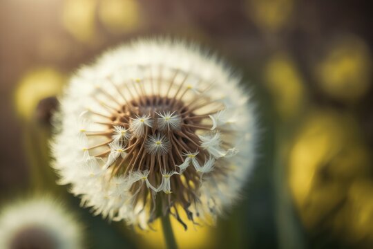Photograph of a dandelion in close up with a blurred background. Field banner for the spring and summer. Lovely calm macro shot of sunny spring and summer nature flowers. artistic texture of nature