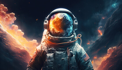 Reflection of outer space in the astronaut's mirrored helmet. An astronaut in a spacesuit and a helmet against the backdrop of space and cloudy multicolor nebulae. Generative Ai.