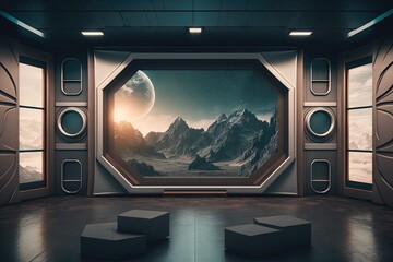 empty stage in the future. Sci fi interior concept with modern background technology from the future. Generative AI