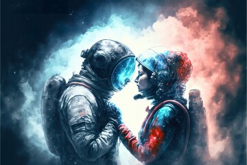 Fototapeta premium Two soulmates meet each other in space created with Generative AI 