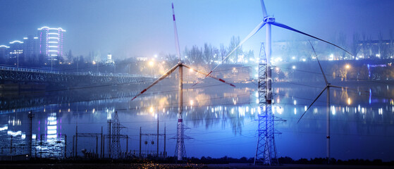 Multiple exposure of windmills for electric power with city at night