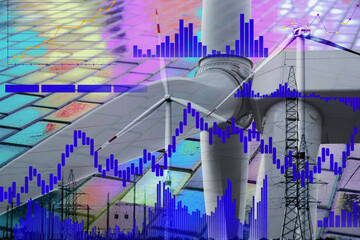 Multiple exposure of windmills for electric power and diagrams with colorful pavement