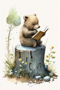 Bear Sitting On A Stump In The Forest Reading A Book Watercolor, Generative AI