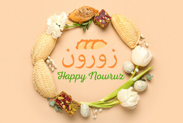 Fototapeta na wymiar Greeting card for Novruz Bayram with flowers, eggs and sweets