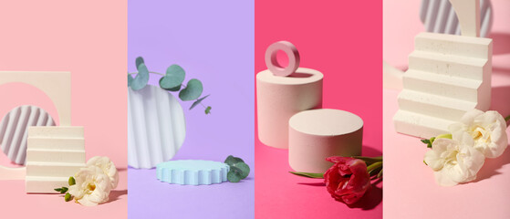 Collage of empty podiums with spring flowers on color background